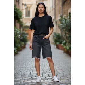 American Eagle Outfitters Bermuda Shorts Womens 4 Black Denim High Rise Raw Hem